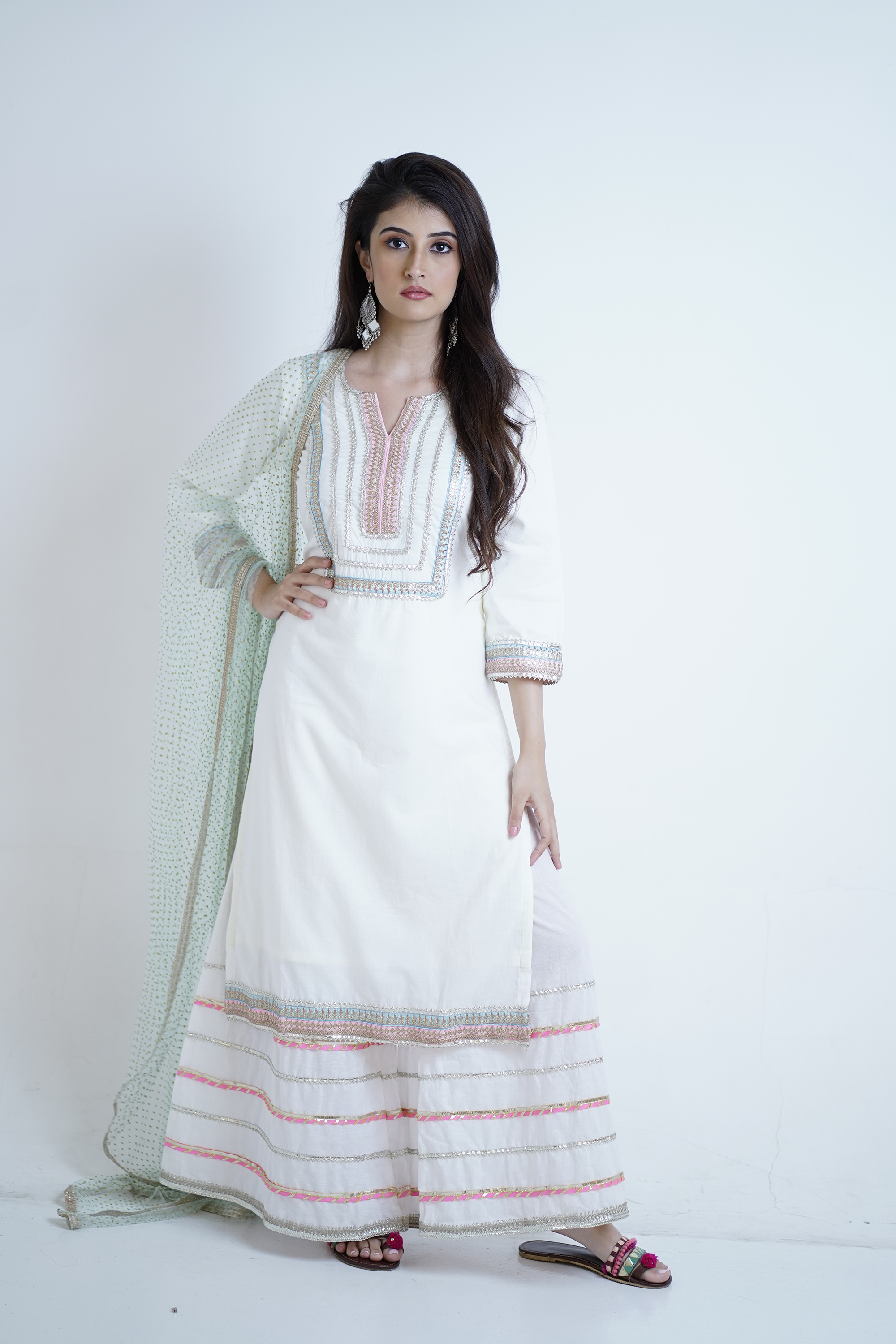 White Gota Patti Work Kurta-Palazzo Set – Designer Kurta Set for Women